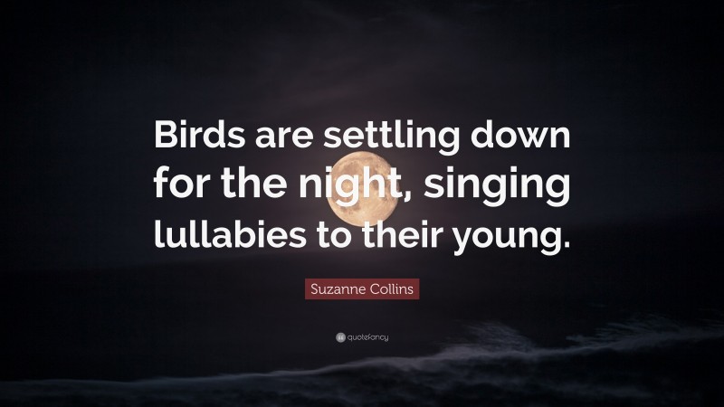 Suzanne Collins Quote: “Birds are settling down for the night, singing lullabies to their young.”