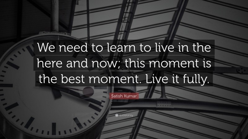 Satish Kumar Quote: “We need to learn to live in the here and now; this moment is the best moment. Live it fully.”