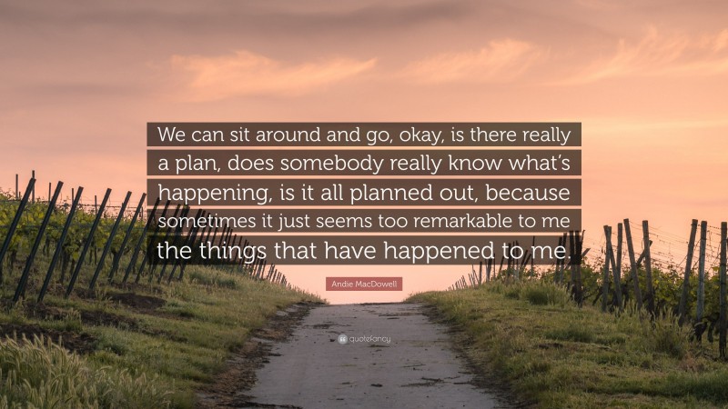 Andie MacDowell Quote: “We can sit around and go, okay, is there really a plan, does somebody really know what’s happening, is it all planned out, because sometimes it just seems too remarkable to me the things that have happened to me.”