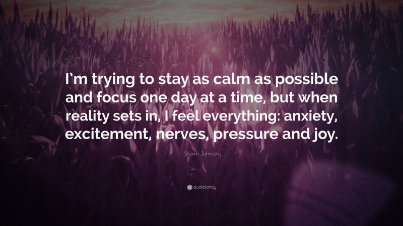 Shawn Johnson Quote: “I’m trying to stay as calm as possible and focus one day at a time, but when reality sets in, I feel everything: anxiety, excitement, nerves, pressure and joy.”