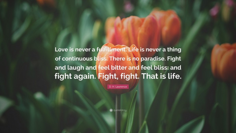 D. H. Lawrence Quote: “Love is never a fulfillment. Life is never a thing of continuous bliss. There is no paradise. Fight and laugh and feel bitter and feel bliss: and fight again. Fight, fight. That is life.”