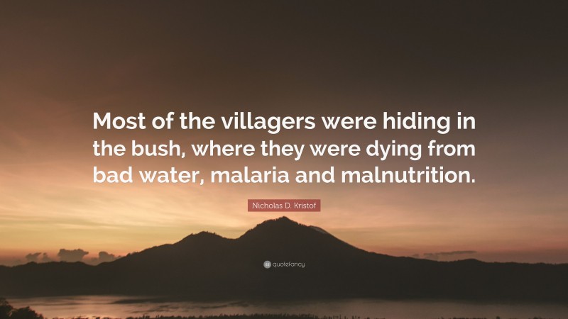 Nicholas D. Kristof Quote: “Most of the villagers were hiding in the bush, where they were dying from bad water, malaria and malnutrition.”