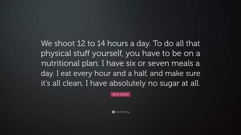 Boris Kodjoe Quote: “We shoot 12 to 14 hours a day. To do all that physical stuff yourself, you have to be on a nutritional plan. I have six or seven meals a day. I eat every hour and a half, and make sure it’s all clean. I have absolutely no sugar at all.”
