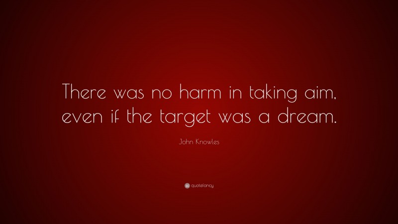 John Knowles Quote: “There was no harm in taking aim, even if the target was a dream.”