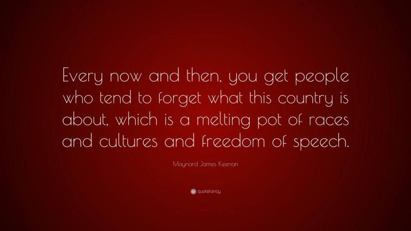 Maynard James Keenan Quote: “Every now and then, you get people who tend to forget what this country is about, which is a melting pot of races and cultures and freedom of speech.”