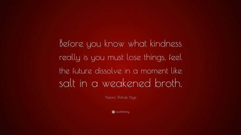 Naomi Shihab Nye Quote: “Before you know what kindness really is you must lose things, feel the future dissolve in a moment like salt in a weakened broth.”