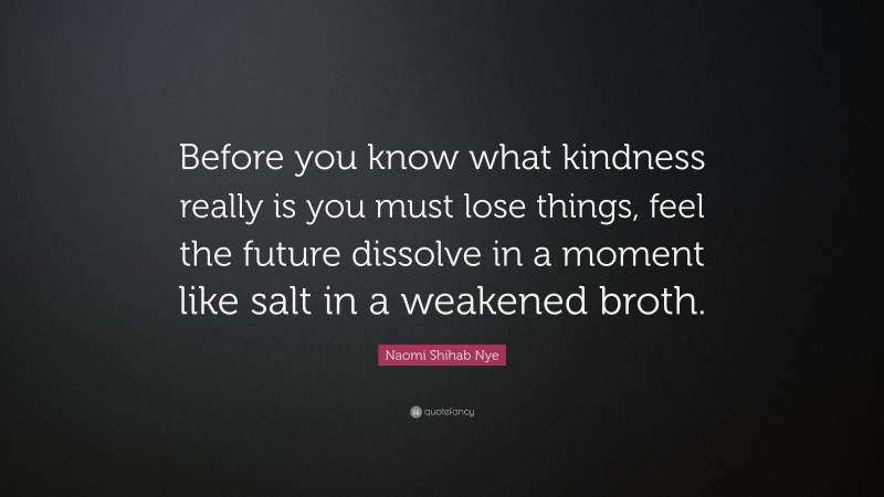 Naomi Shihab Nye Quote: “Before you know what kindness really is you must lose things, feel the future dissolve in a moment like salt in a weakened broth.”