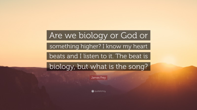 James Frey Quote: “Are we biology or God or something higher? I know my heart beats and I listen to it. The beat is biology, but what is the song?”