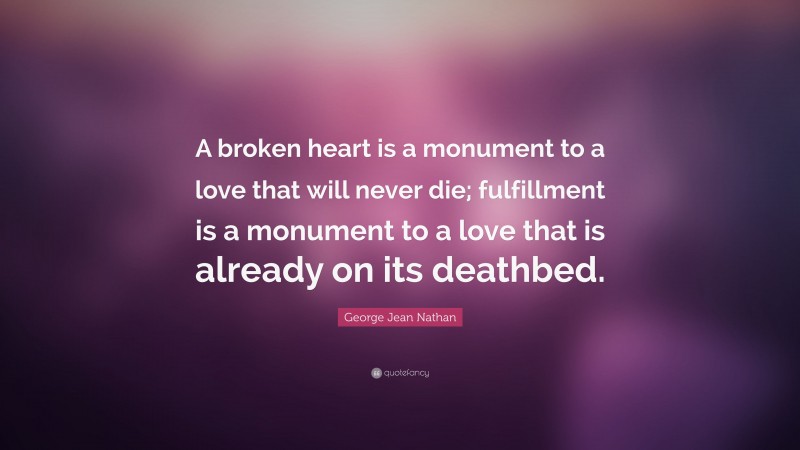 George Jean Nathan Quote: “A broken heart is a monument to a love that will never die; fulfillment is a monument to a love that is already on its deathbed.”