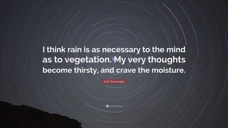 John Burroughs Quote: “I think rain is as necessary to the mind as to vegetation. My very thoughts become thirsty, and crave the moisture.”