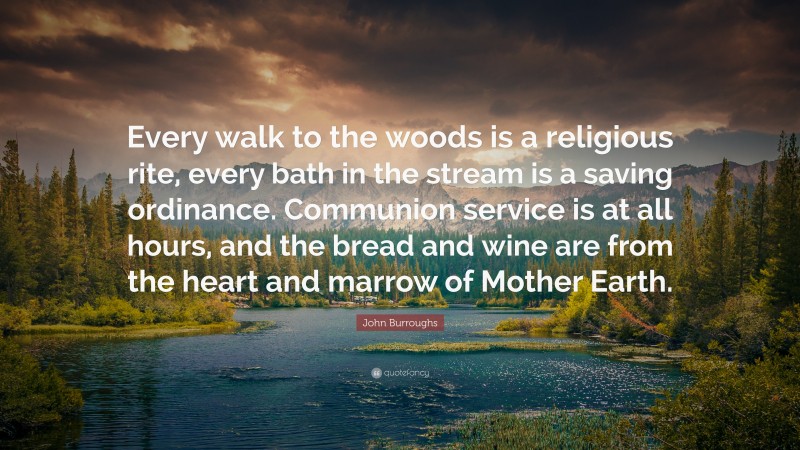 John Burroughs Quote: “Every walk to the woods is a religious rite, every bath in the stream is a saving ordinance. Communion service is at all hours, and the bread and wine are from the heart and marrow of Mother Earth.”
