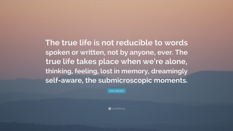 Don DeLillo Quote: “The true life is not reducible to words spoken or written, not by anyone, ever. The true life takes place when we’re alone, thinking, feeling, lost in memory, dreamingly self-aware, the submicroscopic moments.”