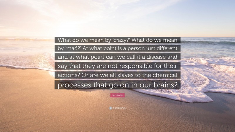 Jo Nesbo Quote: “What do we mean by ‘crazy?’ What do we mean by ‘mad?’ At what point is a person just different and at what point can we call it a disease and say that they are not responsible for their actions? Or are we all slaves to the chemical processes that go on in our brains?”