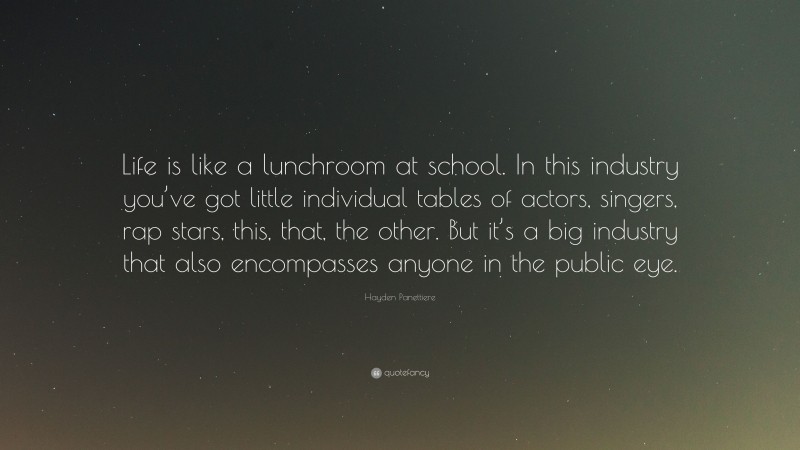 Hayden Panettiere Quote: “Life is like a lunchroom at school. In this industry you’ve got little individual tables of actors, singers, rap stars, this, that, the other. But it’s a big industry that also encompasses anyone in the public eye.”