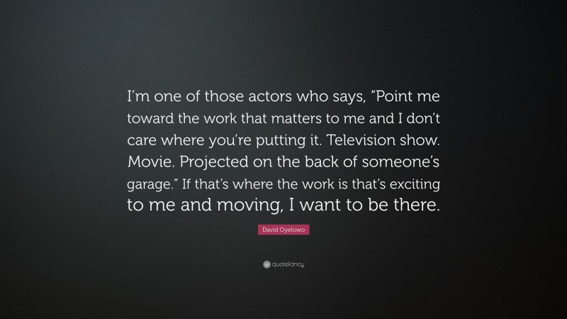 David Oyelowo Quote: “I’m one of those actors who says, “Point me toward the work that matters to me and I don’t care where you’re putting it. Television show. Movie. Projected on the back of someone’s garage.” If that’s where the work is that’s exciting to me and moving, I want to be there.”