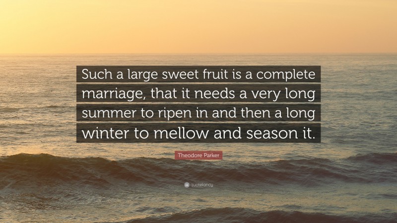 Theodore Parker Quote: “Such a large sweet fruit is a complete marriage, that it needs a very long summer to ripen in and then a long winter to mellow and season it.”