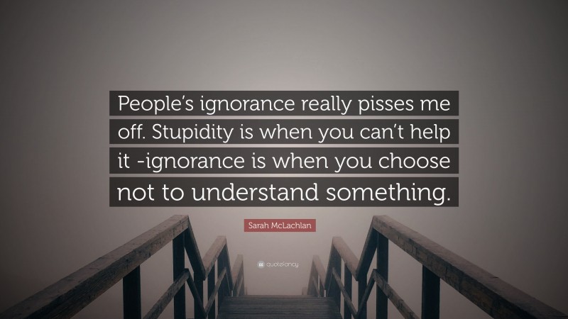 Sarah McLachlan Quote: “People’s ignorance really pisses me off. Stupidity is when you can’t help it -ignorance is when you choose not to understand something.”
