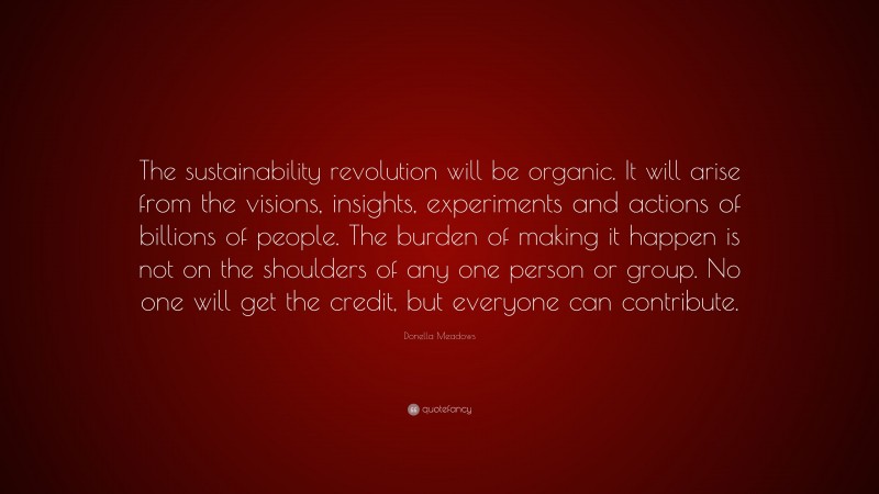 Donella Meadows Quote: “The sustainability revolution will be organic. It will arise from the visions, insights, experiments and actions of billions of people. The burden of making it happen is not on the shoulders of any one person or group. No one will get the credit, but everyone can contribute.”