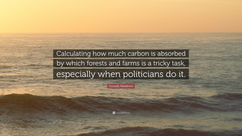 Donella Meadows Quote: “Calculating how much carbon is absorbed by which forests and farms is a tricky task, especially when politicians do it.”