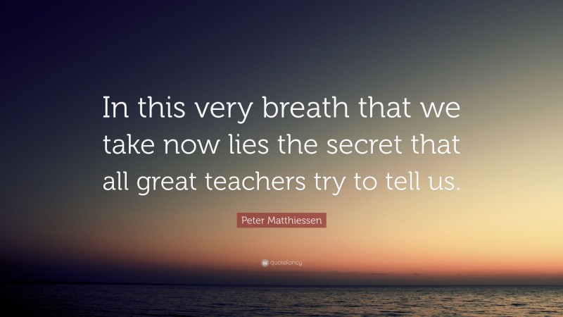Peter Matthiessen Quote: “In this very breath that we take now lies the secret that all great teachers try to tell us.”