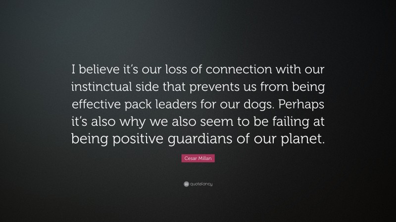 Cesar Millan Quote: “I believe it’s our loss of connection with our instinctual side that prevents us from being effective pack leaders for our dogs. Perhaps it’s also why we also seem to be failing at being positive guardians of our planet.”