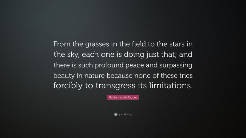Rabindranath Tagore Quote: “From the grasses in the field to the stars in the sky, each one is doing just that; and there is such profound peace and surpassing beauty in nature because none of these tries forcibly to transgress its limitations.”