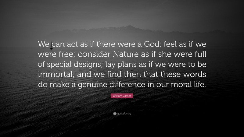 William James Quote: “We can act as if there were a God; feel as if we were free; consider Nature as if she were full of special designs; lay plans as if we were to be immortal; and we find then that these words do make a genuine difference in our moral life.”