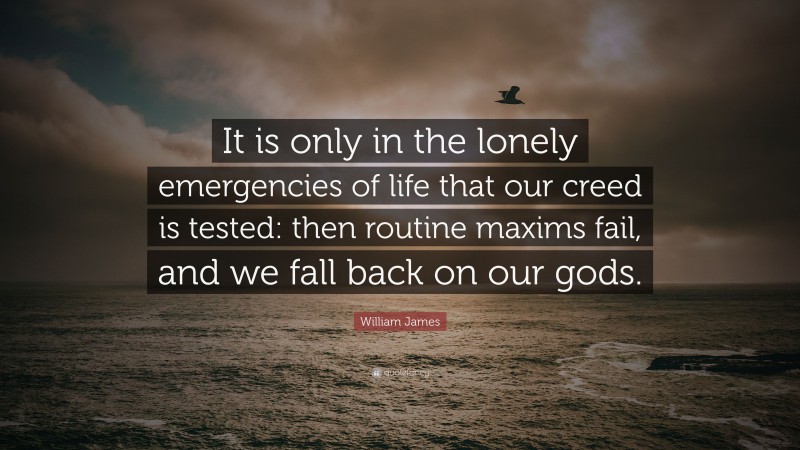 William James Quote: “It is only in the lonely emergencies of life that our creed is tested: then routine maxims fail, and we fall back on our gods.”