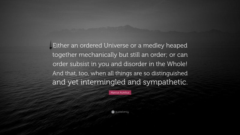 Marcus Aurelius Quote: “Either an ordered Universe or a medley heaped together mechanically but still an order; or can order subsist in you and disorder in the Whole! And that, too, when all things are so distinguished and yet intermingled and sympathetic.”