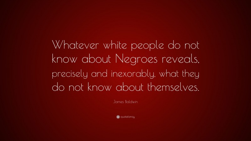 James Baldwin Quote: “Whatever white people do not know about Negroes reveals, precisely and inexorably, what they do not know about themselves.”