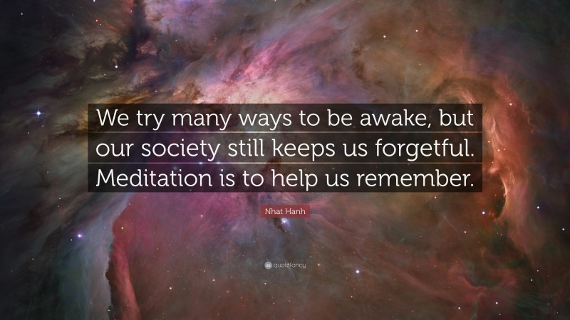 Nhat Hanh Quote: “We try many ways to be awake, but our society still keeps us forgetful. Meditation is to help us remember.”