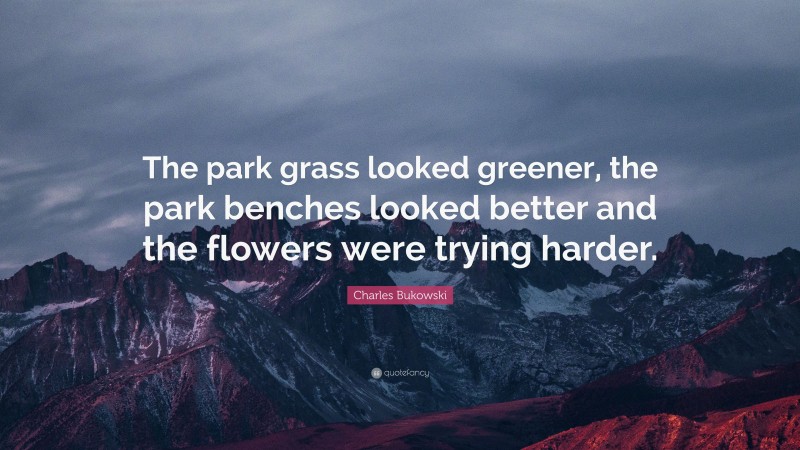 Charles Bukowski Quote: “The park grass looked greener, the park benches looked better and the flowers were trying harder.”
