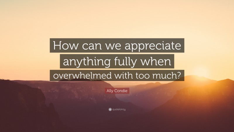 Ally Condie Quote: “How can we appreciate anything fully when overwhelmed with too much?”