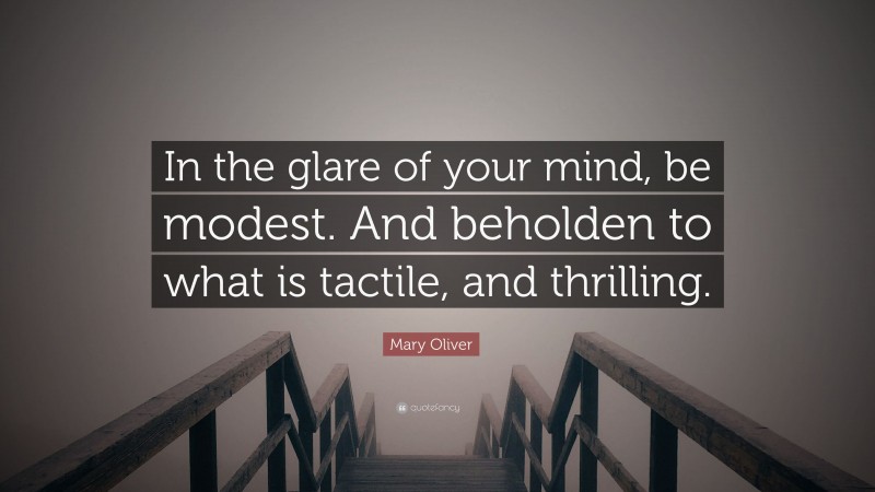 Mary Oliver Quote: “In the glare of your mind, be modest. And beholden to what is tactile, and thrilling.”