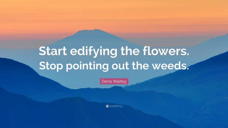Denis Waitley Quote: “Start edifying the flowers. Stop pointing out the weeds.”