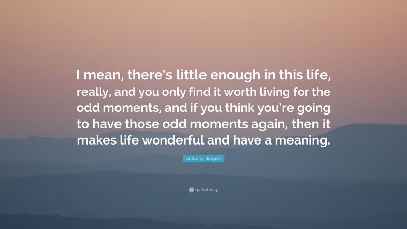 Anthony Burgess Quote: “I mean, there’s little enough in this life, really, and you only find it worth living for the odd moments, and if you think you’re going to have those odd moments again, then it makes life wonderful and have a meaning.”