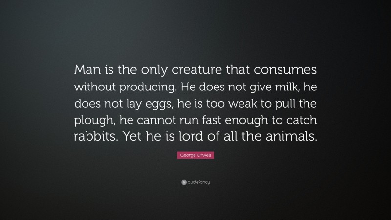 George Orwell Quote: “Man is the only creature that consumes without producing. He does not give milk, he does not lay eggs, he is too weak to pull the plough, he cannot run fast enough to catch rabbits. Yet he is lord of all the animals.”