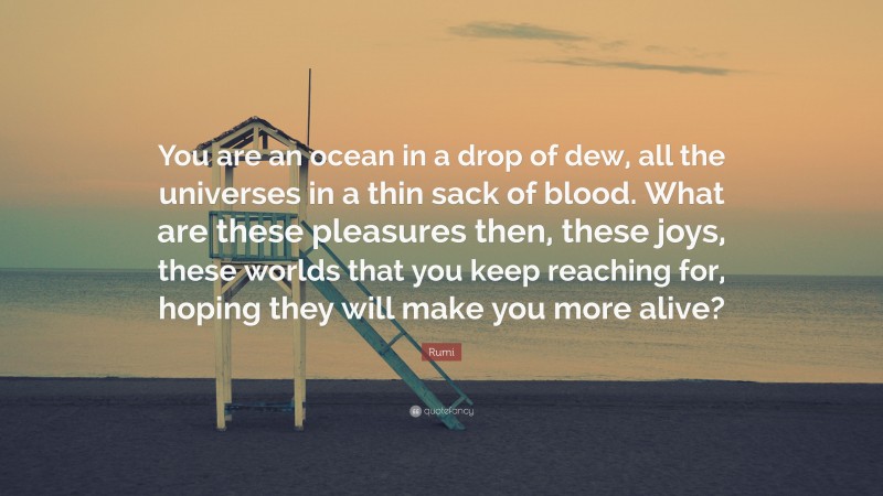Rumi Quote: “You are an ocean in a drop of dew, all the universes in a thin sack of blood. What are these pleasures then, these joys, these worlds that you keep reaching for, hoping they will make you more alive?”