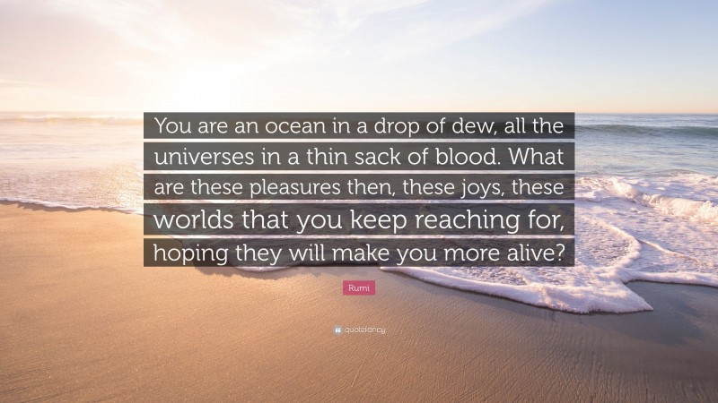 Rumi Quote: “You are an ocean in a drop of dew, all the universes in a thin sack of blood. What are these pleasures then, these joys, these worlds that you keep reaching for, hoping they will make you more alive?”