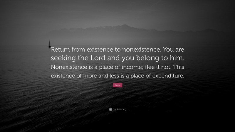 Rumi Quote: “Return from existence to nonexistence. You are seeking the Lord and you belong to him. Nonexistence is a place of income; flee it not. This existence of more and less is a place of expenditure.”