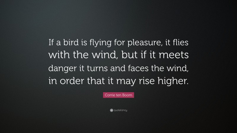 Corrie ten Boom Quote: “If a bird is flying for pleasure, it flies with the wind, but if it meets danger it turns and faces the wind, in order that it may rise higher.”
