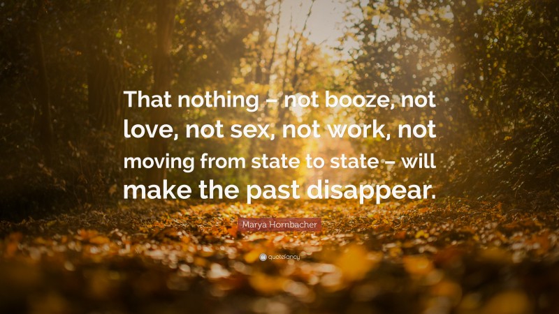 Marya Hornbacher Quote: “That nothing – not booze, not love, not sex, not work, not moving from state to state – will make the past disappear.”