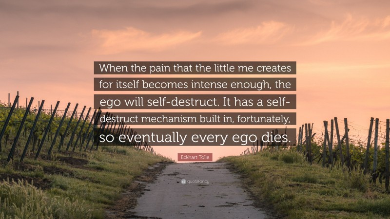 Eckhart Tolle Quote: “When the pain that the little me creates for itself becomes intense enough, the ego will self-destruct. It has a self-destruct mechanism built in, fortunately, so eventually every ego dies.”