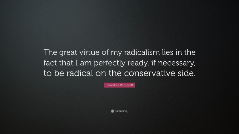 Theodore Roosevelt Quote: “The great virtue of my radicalism lies in the fact that I am perfectly ready, if necessary, to be radical on the conservative side.”
