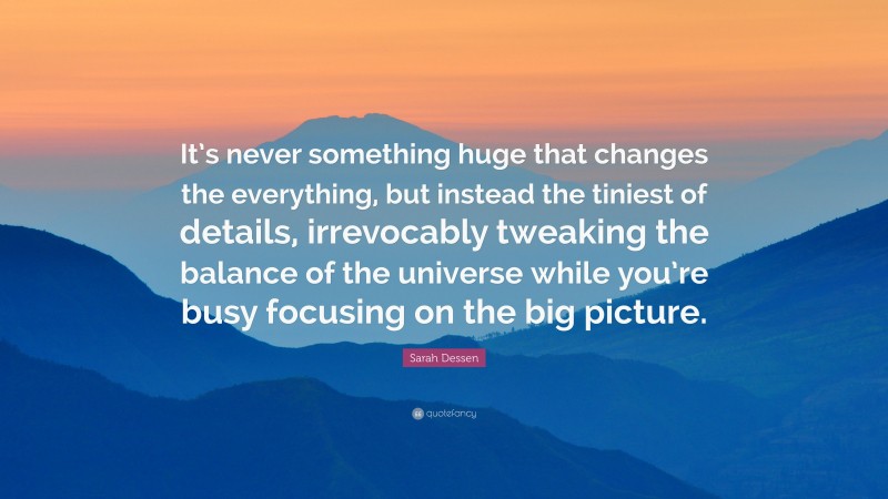 Sarah Dessen Quote: “It’s never something huge that changes the everything, but instead the tiniest of details, irrevocably tweaking the balance of the universe while you’re busy focusing on the big picture.”
