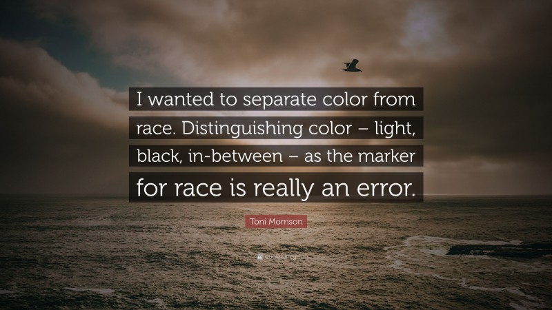Toni Morrison Quote: “I wanted to separate color from race. Distinguishing color – light, black, in-between – as the marker for race is really an error.”
