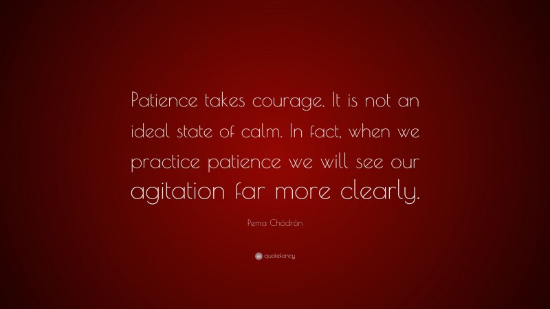 Pema Chödrön Quote: “Patience takes courage. It is not an ideal state of calm. In fact, when we practice patience we will see our agitation far more clearly.”