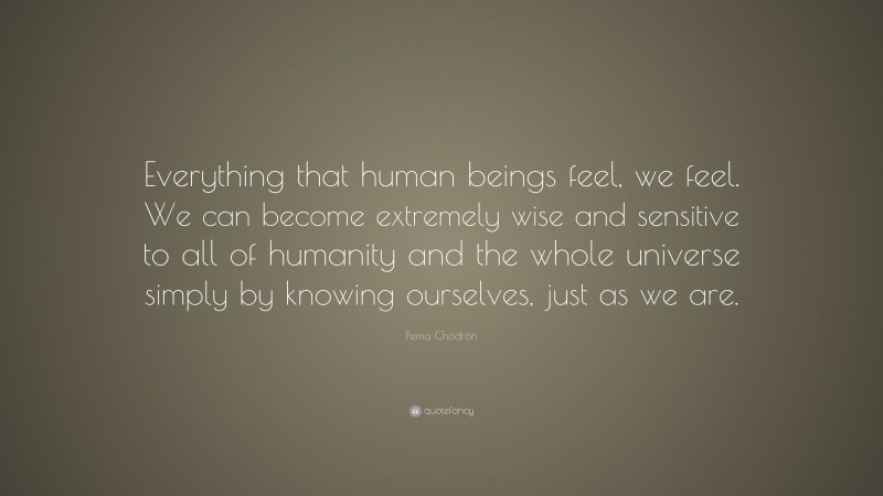 Pema Chödrön Quote: “Everything that human beings feel, we feel. We can become extremely wise and sensitive to all of humanity and the whole universe simply by knowing ourselves, just as we are.”