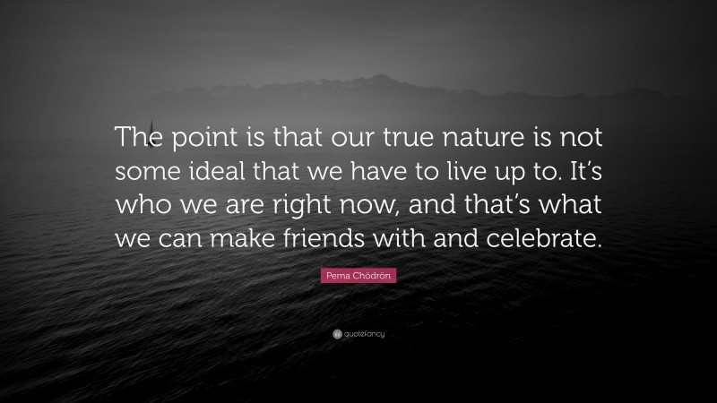Pema Chödrön Quote: “The point is that our true nature is not some ideal that we have to live up to. It’s who we are right now, and that’s what we can make friends with and celebrate.”