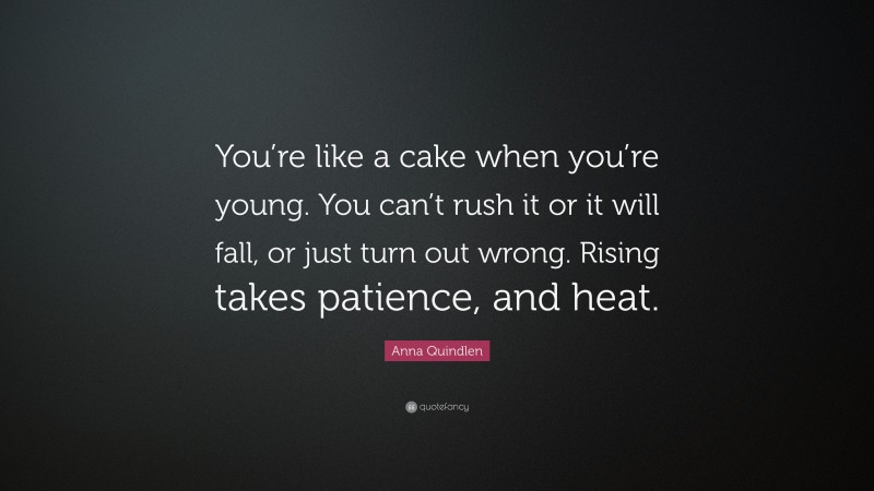 Anna Quindlen Quote: “You’re like a cake when you’re young. You can’t rush it or it will fall, or just turn out wrong. Rising takes patience, and heat.”